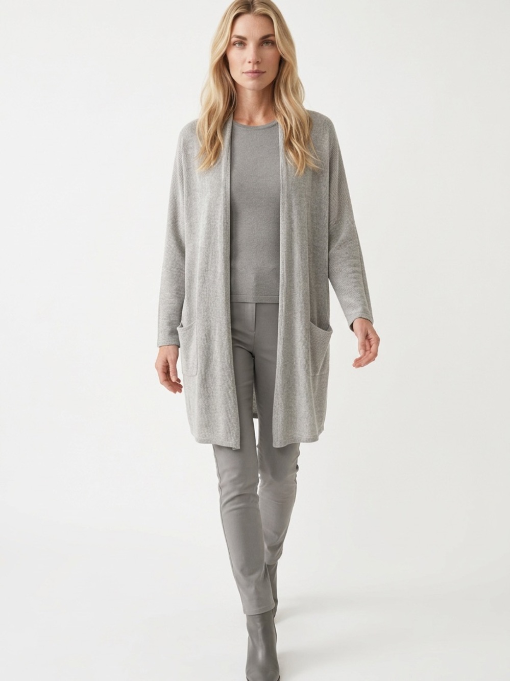 DONNI | Light Gray Stripe Open-Front Pocketed Cardigan Sweater Women’s One Size